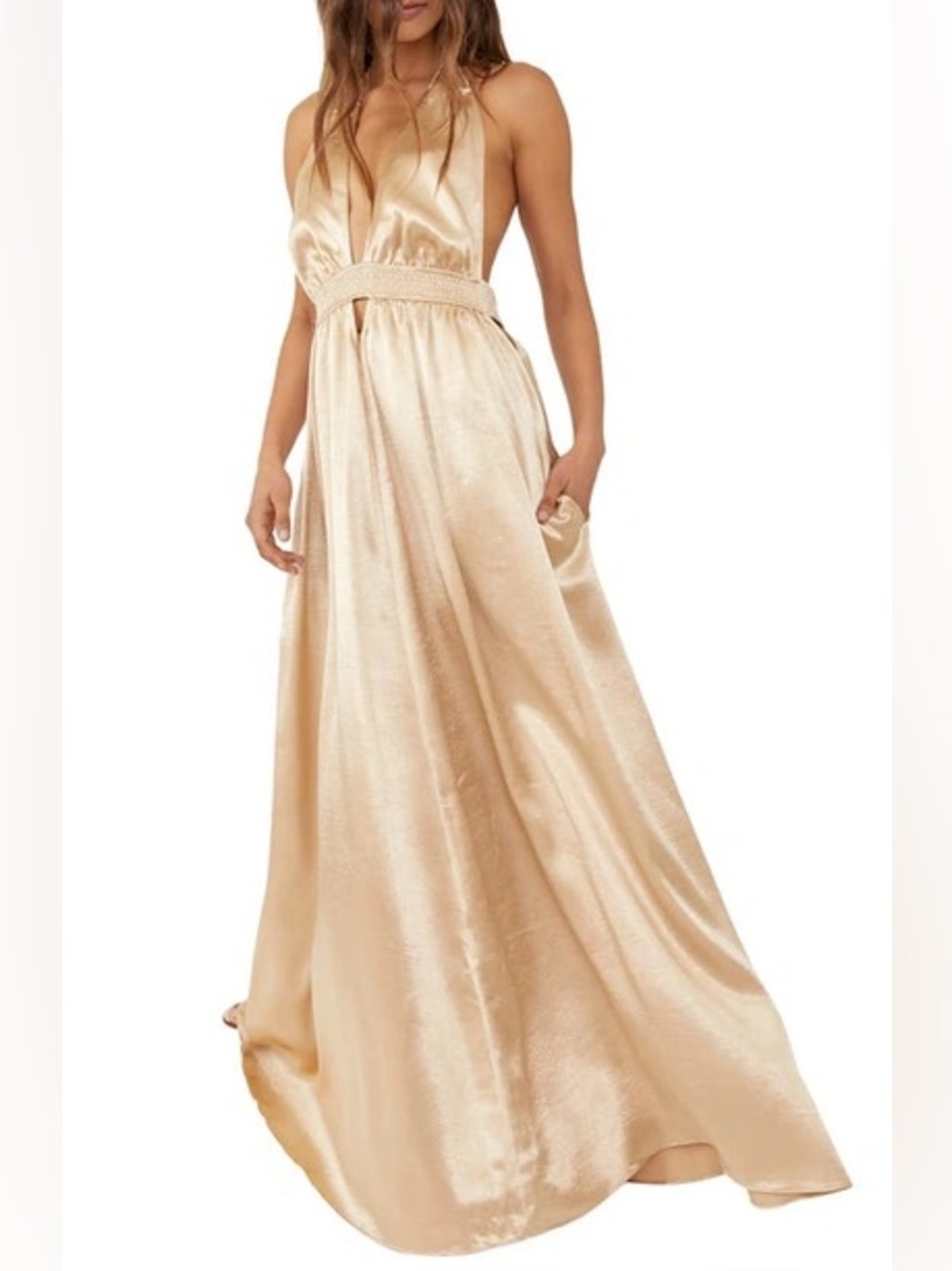 Free People Look Into The Sun Satin Maxi Dress Calm Sand | Size Large
